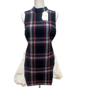 NWT English Factory Navy Plaid tweed shift dress with adjustable belt size large